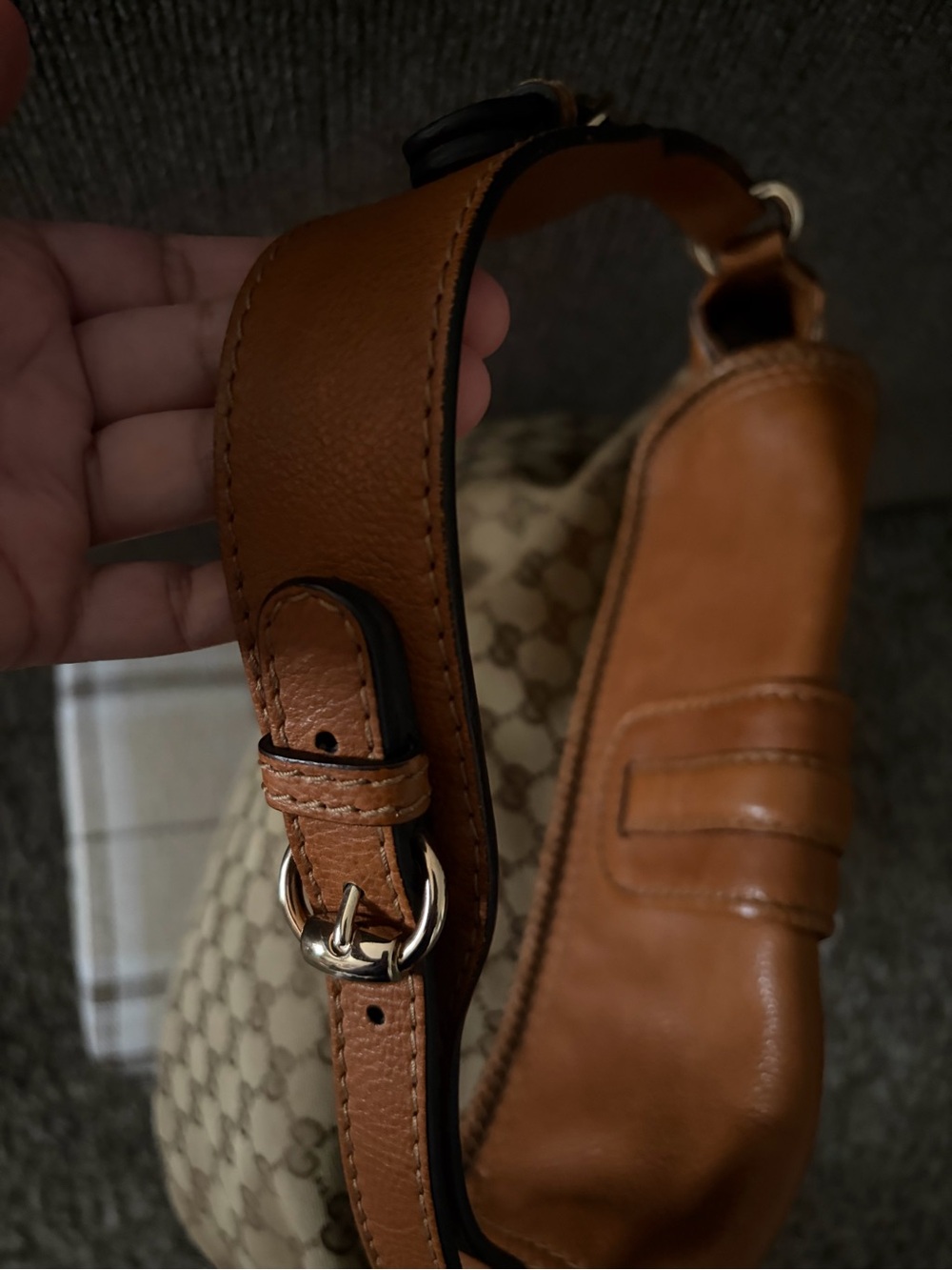 Authentic Gucci Tan/Brown GG Canvas Leather Tassel Shoulder Hobo Bag - Picture 6 of 11